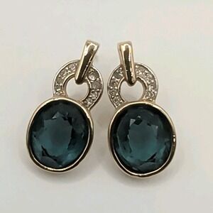 Vtg Signed PANETTA Gold Tone Blue Oval‎ Crystal Pave Rhinestone Pierced Earrings